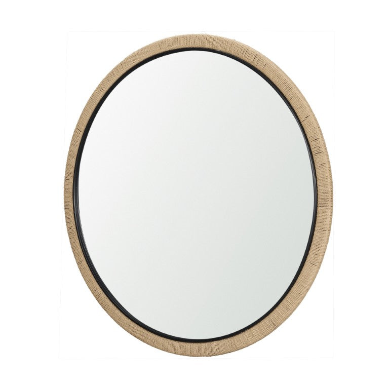 HomeRoots 42 Inch Round Wall Mirror with Jute Wrapped Wood Frame Bohemian Accent Decor 729174