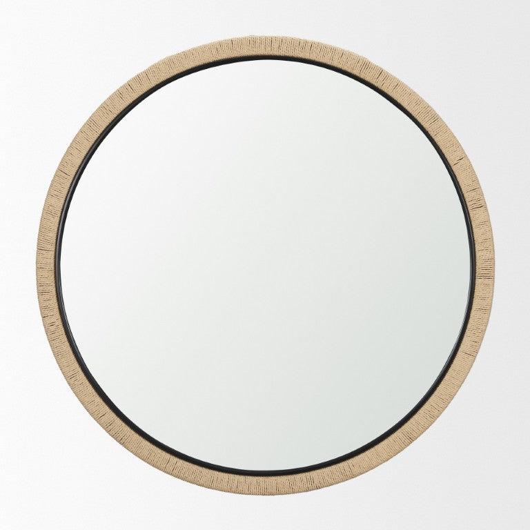 HomeRoots 42 Inch Round Wall Mirror with Jute Wrapped Wood Frame Bohemian Accent Decor 729174