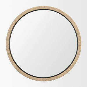 42 Inch Round Wall Mirror with Jute Wrapped Wood Frame Bohemian Accent Decor