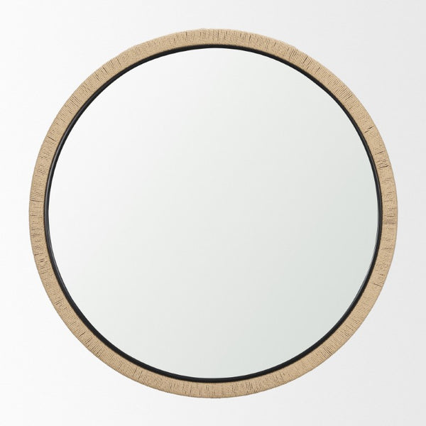 42 Inch Round Wall Mirror with Jute Wrapped Wood Frame Bohemian Accent Decor