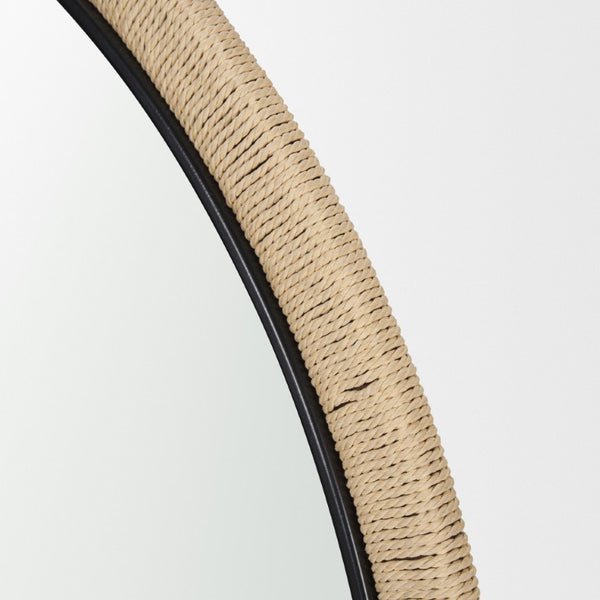 42 Inch Round Wall Mirror with Jute Wrapped Wood Frame Bohemian Accent Decor