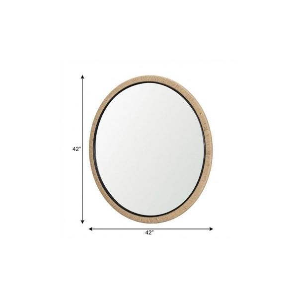 42 Inch Round Wall Mirror with Jute Wrapped Wood Frame Bohemian Accent Decor