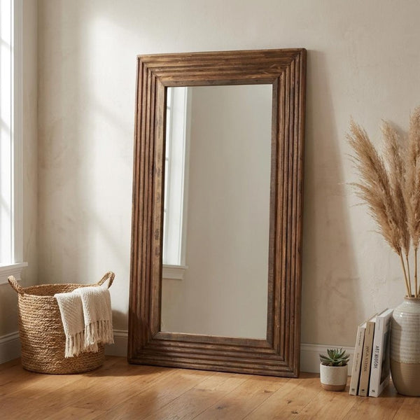 48 Inch Solid Wood Ribbed Leaning or Wall Mounted Accent Mirror in Rich Brown Finish