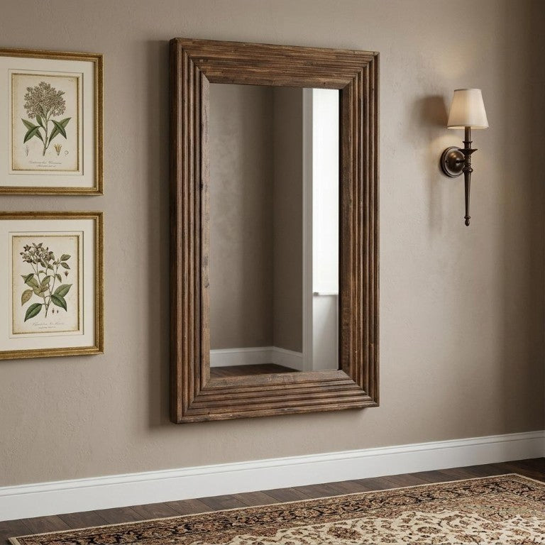 HomeRoots 48 Inch Solid Wood Ribbed Leaning or Wall Mounted Accent Mirror in Rich Brown Finish 729175