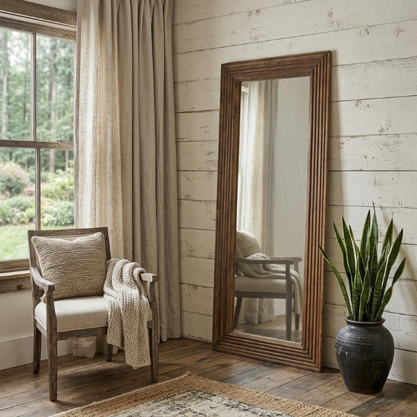 69 Inch Solid Wood Ribbed Full Length Mirror Wall Mounted or Leaning Bedroom Decor