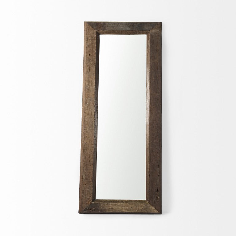 HomeRoots 86 Inch Brown Solid Wood Framed Full Length Leaning or Mounted Bedroom Mirror 729177