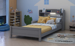 English Elm Twin Pine Wood Bed with Bookcase Headboard LED Motion Sensor Light Guardrails Ample Storage Space Grey W504P277595