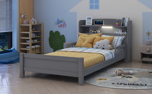 English Elm Twin Pine Wood Bed with Bookcase Headboard LED Motion Sensor Light Guardrails Ample Storage Space Grey W504P277595