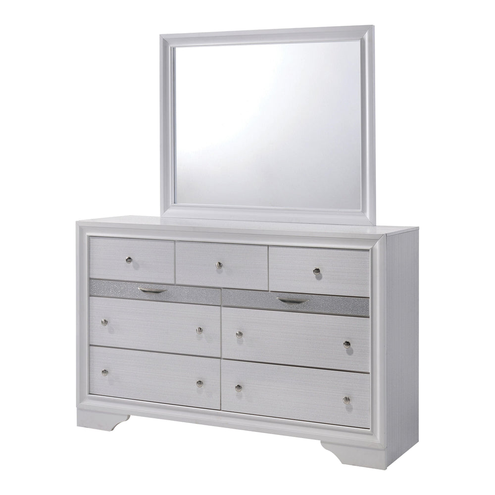English Elm White Dresser with Mirror Set – Gleaming Silver Accents, Hidden Jewelry Drawer, English Dovetail Craftsmanship B2741S00551