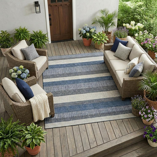 10 X 14 Striped Polyester Indoor Outdoor Rug Machine Washable Coastal Navy Ivory