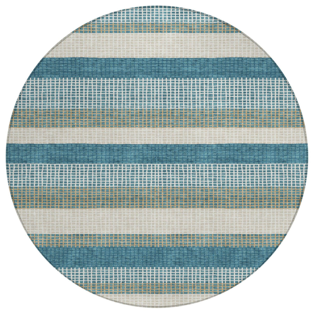 HomeRoots 8 Ft Round Striped Polyester Area Rug Washable for Patio Porch and Indoor Spaces 729277