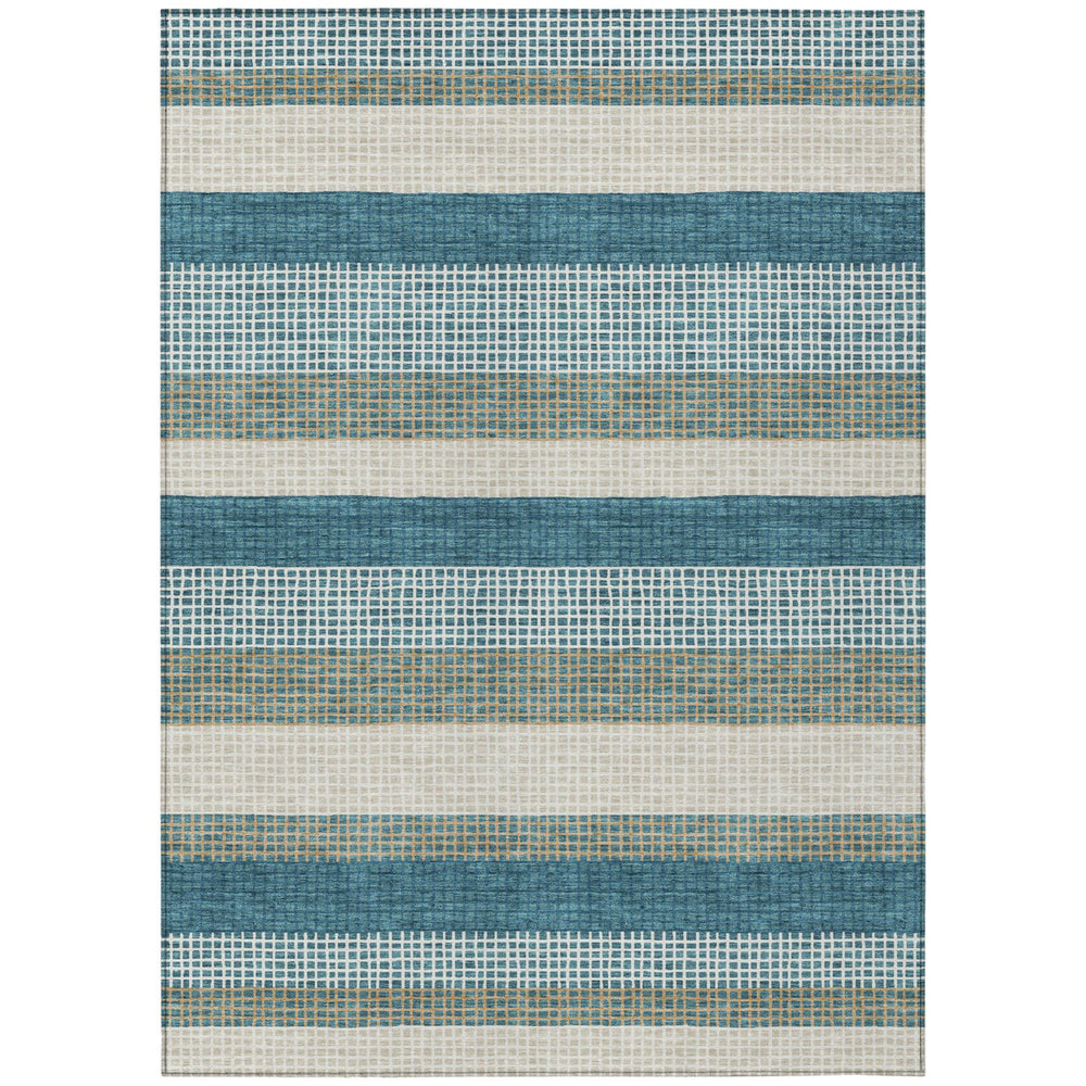 HomeRoots 8x10 Teal Ivory Striped Polyester Area Rug Machine Washable for Patios and Entryways 729278