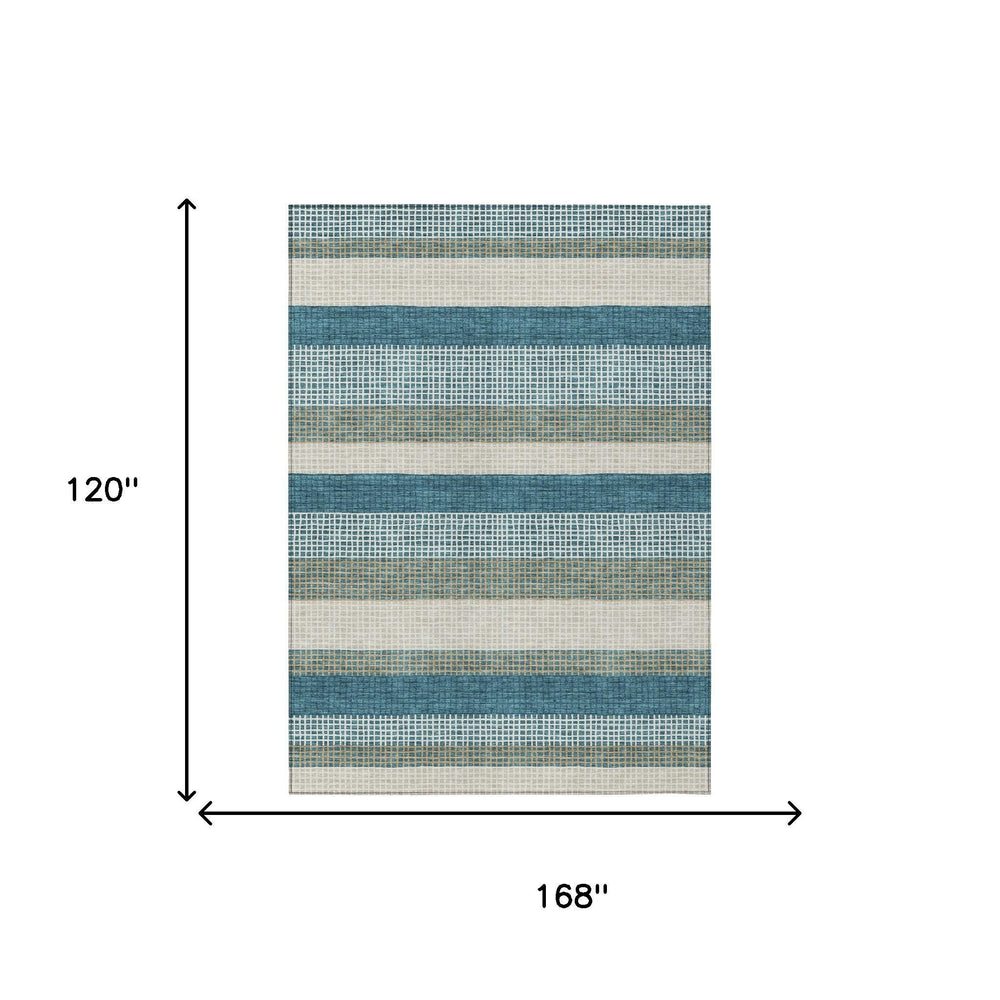 10 X 14 Teal Ivory Stripe Washable Polyester Indoor Outdoor Rug for Large Spaces