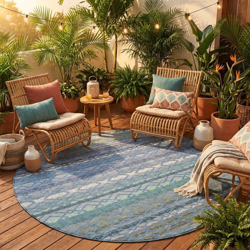 8 Foot Round Striped Polyester Area Rug Machine Washable Indoor Outdoor Blue Tones