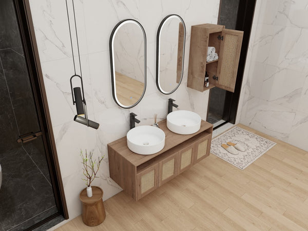 English Elm 48" Floating Bathroom Vanity Oak Finish Dual Ceramic Sinks Four Soft Close Doors W999S00498