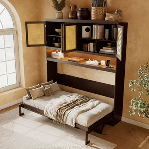 English Elm Twin Murphy Bed with Rattan Cabinet Doors Led Lighting and Usb Charging for Small Spaces Espresso LP000740AAP