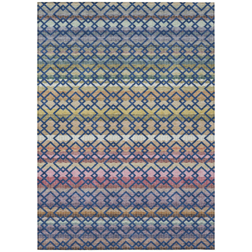 HomeRoots 5 Foot by 8 Striped Polyester Area Rug Washable Navy Ivory Indoor Outdoor 729312
