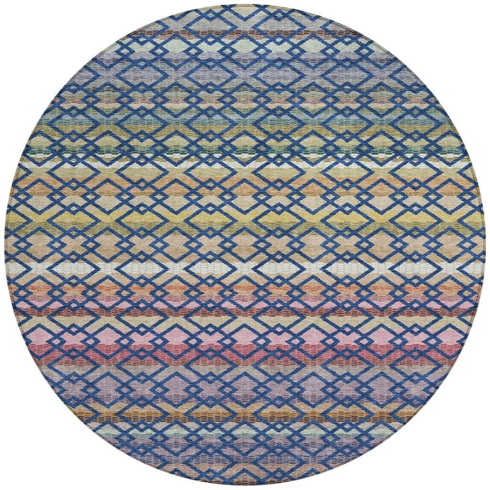 8 Ft Round Striped Polyester Area Rug Washable Coastal Style for Patio or Entryway