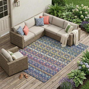 10 X 14 Striped Polyester Indoor Outdoor Rug with Washable Stain Resistant Felt Backing