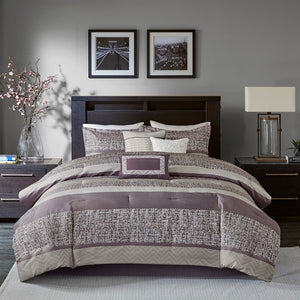 JLA Home Madison Park - 7 Piece Jacquard Comforter Set Luxe Purple and Grey Striped Motif with Beige Reverse, Pillows & Skirt 90 L x 90 W x 1.5H MP10-7327