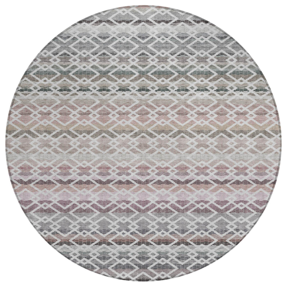 HomeRoots 8 Ft Round Striped Polyester Area Rug Machine Washable for Indoors and Outdoors 729325