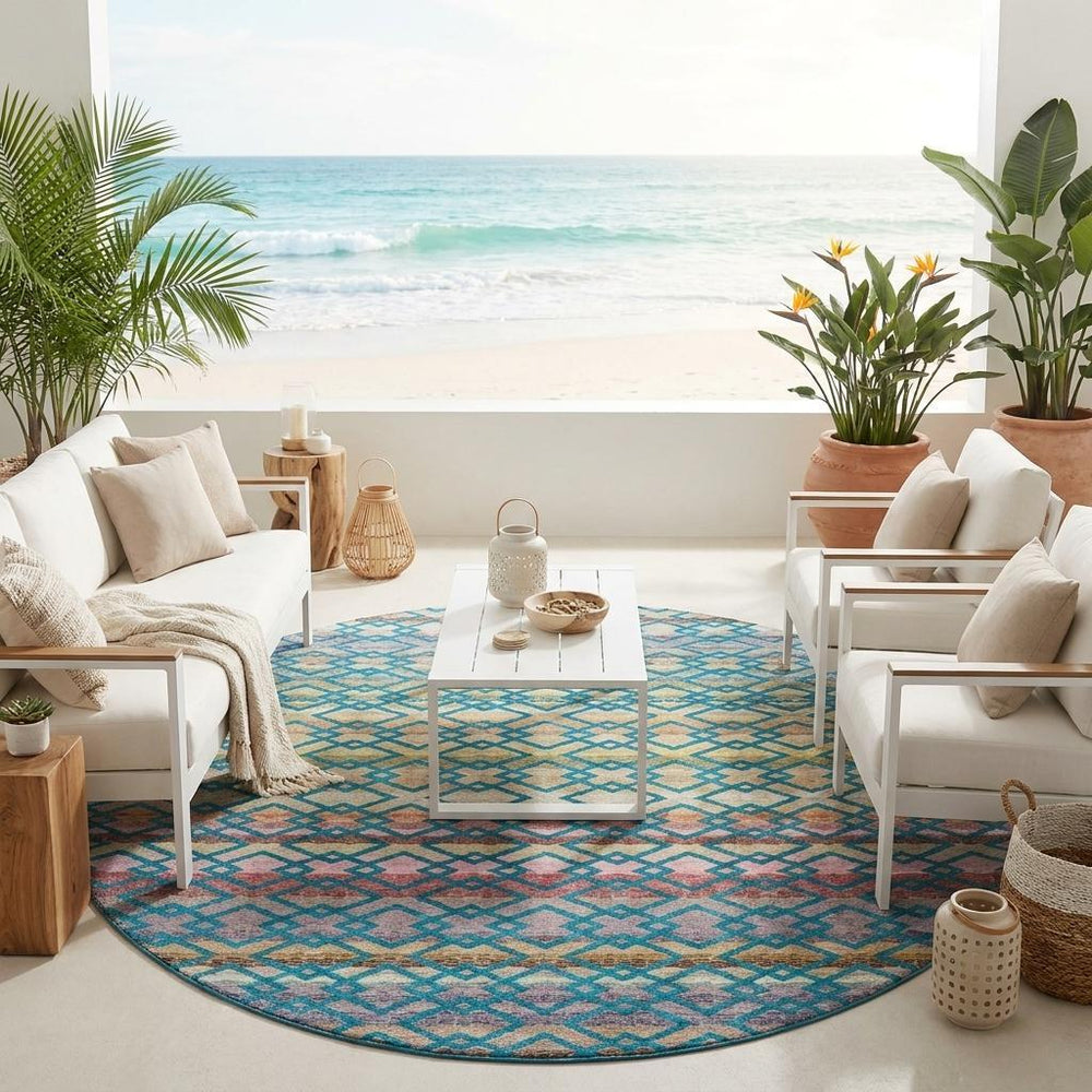 8 Ft Round Striped Polyester Rug Teal Ivory Machine Washable Indoor Outdoor Use