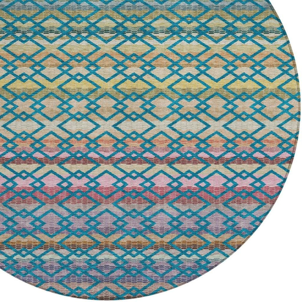 8 Ft Round Striped Polyester Rug Teal Ivory Machine Washable Indoor Outdoor Use