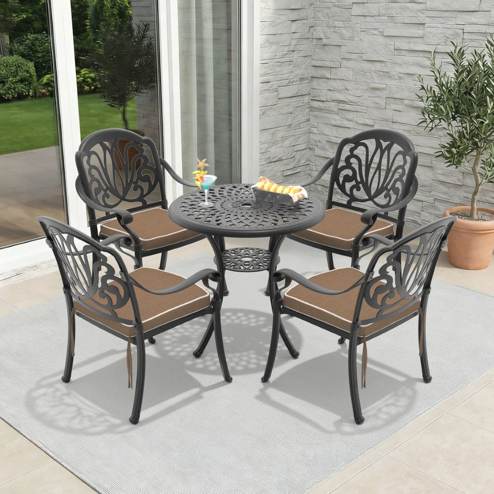 English Elm 5-piece Cast Aluminum Outdoor Dining Set with Ornate Relief Patterns and All-weather Cushions W1710S00539