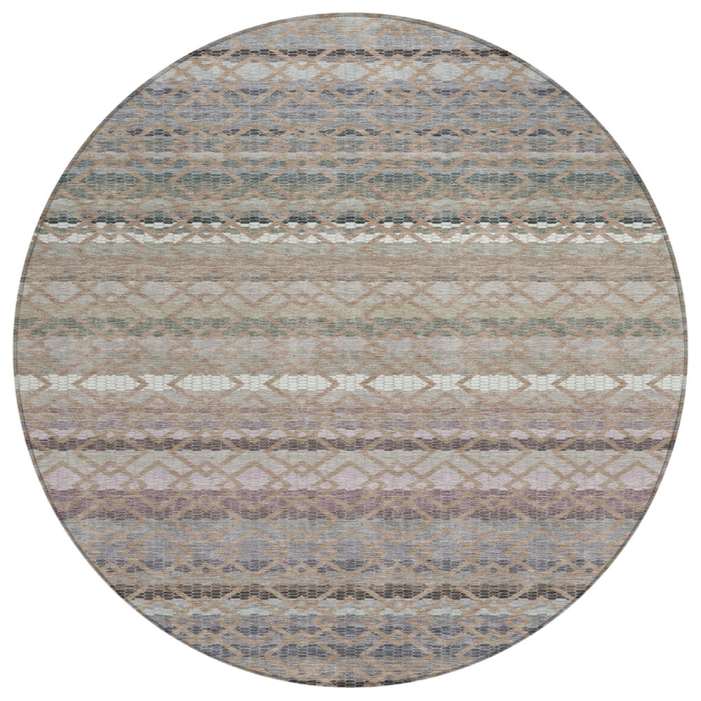 HomeRoots 8 Ft Round Striped Polyester Rug Washable Indoor Outdoor Neutral Taupe Tone 729337