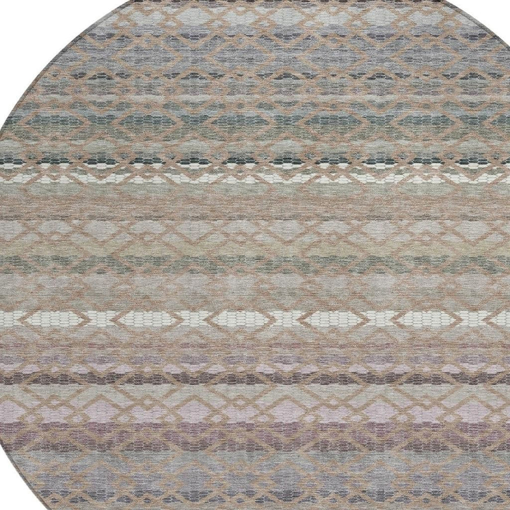 HomeRoots 8 Ft Round Striped Polyester Rug Washable Indoor Outdoor Neutral Taupe Tone 729337