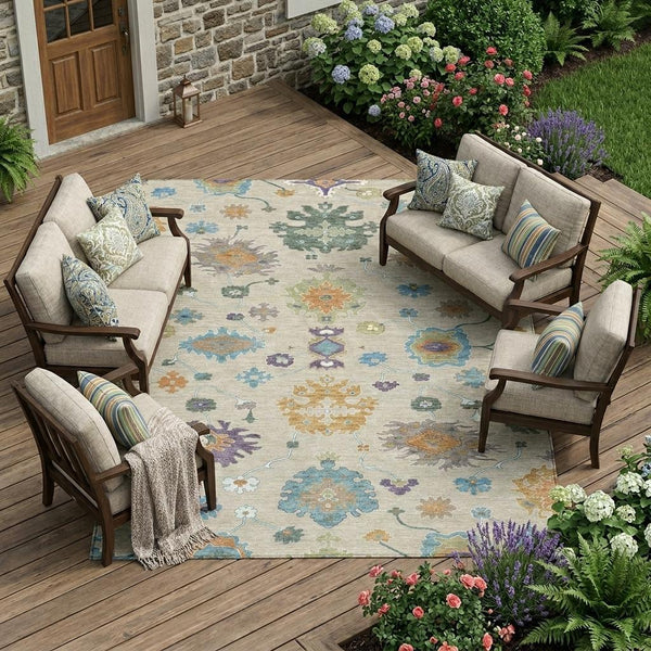 Oriental Polyester Area Rug Washable Uv Resistant Beige Green for Indoor Outdoor Patio Use