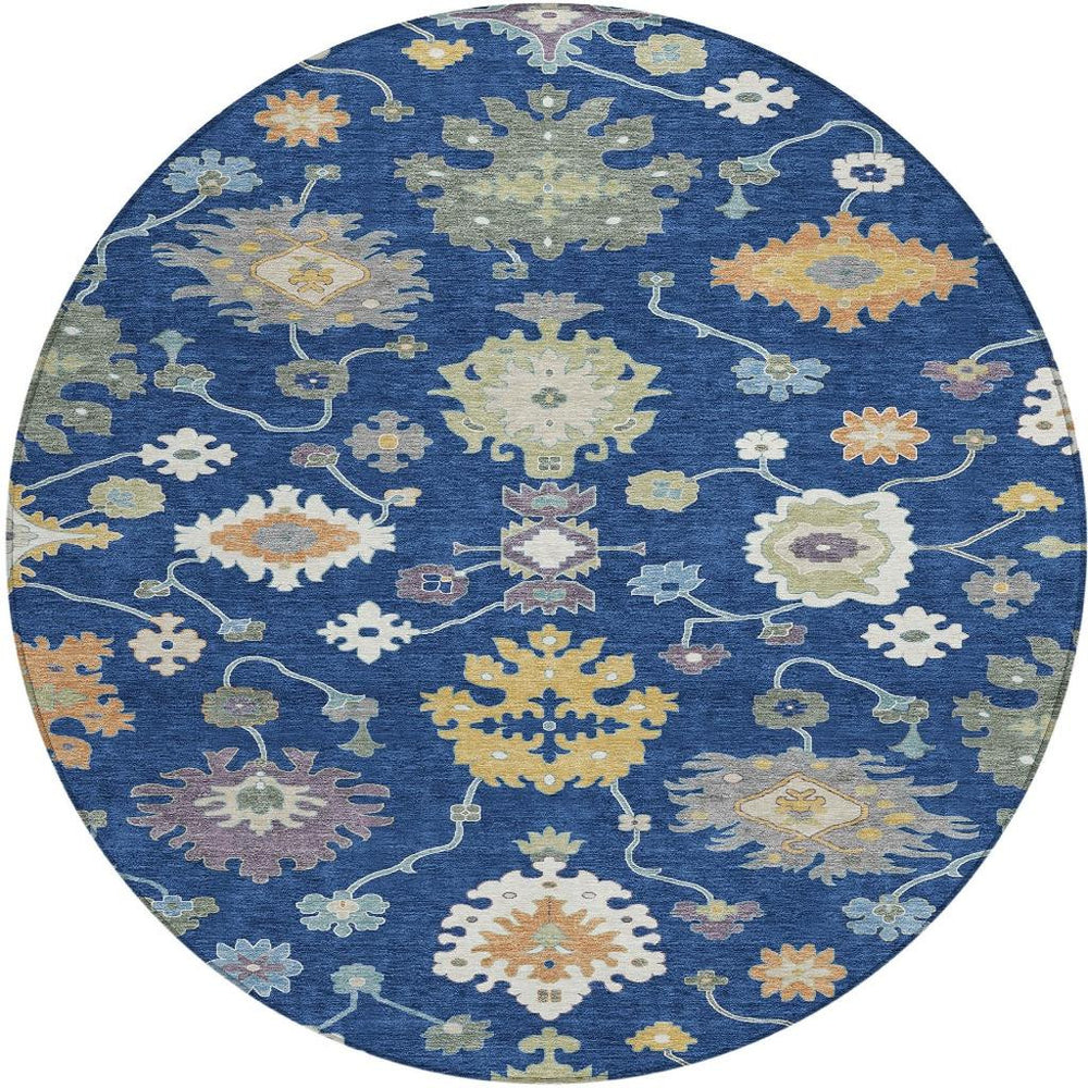 8 Foot Round Oriental Indoor Outdoor Rug Uv Resistant Washable Polyester Navy Ivory