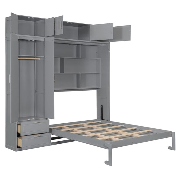 English Elm Queen Murphy Bed with Integrated Desk Cabinet Shelves Space Saving Studio Solution Gray N708S00022E-3