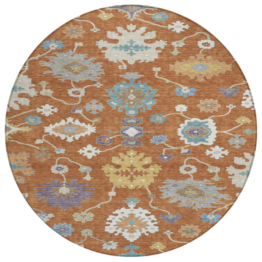 HomeRoots 8 Ft Round Oriental Polyester Area Rug in Orange Teal for Indoor Outdoor Spaces 729385