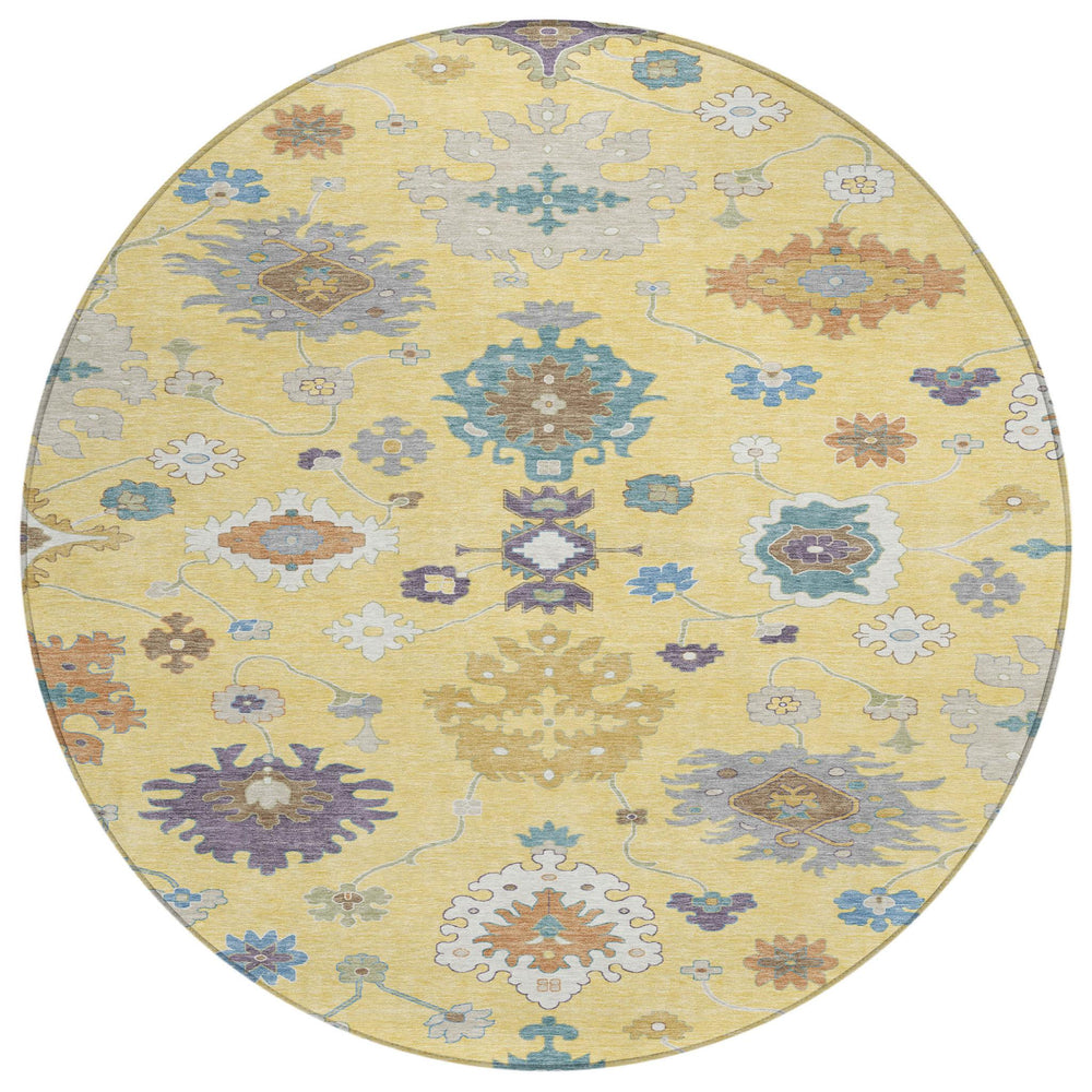 HomeRoots 8 Ft Round Oriental Geometric Polyester Indoor Outdoor Rug with Non-slip Felt Backing 729403