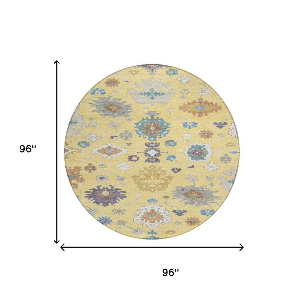 HomeRoots 8 Ft Round Oriental Geometric Polyester Indoor Outdoor Rug with Non-slip Felt Backing 729403