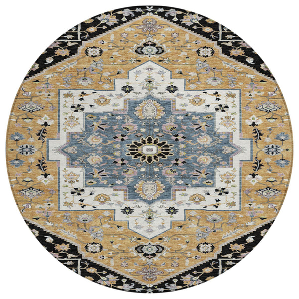 HomeRoots 8 Foot Round Floral Medallion Polyester Area Rug Washable for Patios and Entryways 729415