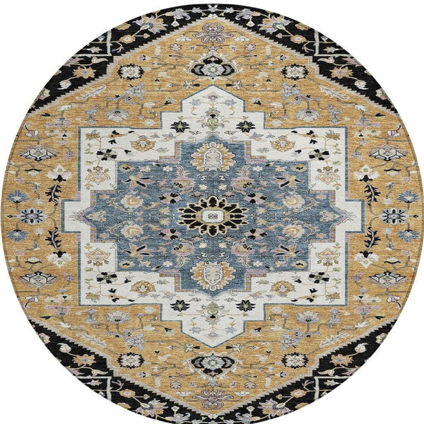 8 Foot Round Floral Medallion Polyester Area Rug Washable for Patios and Entryways