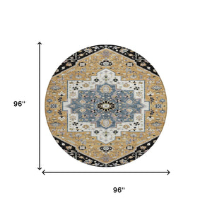 8 Foot Round Floral Medallion Polyester Area Rug Washable for Patios and Entryways