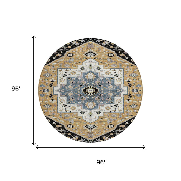8 Foot Round Floral Medallion Polyester Area Rug Washable for Patios and Entryways
