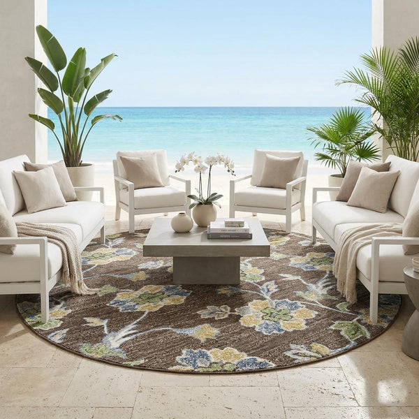 8 Ft Round Floral Medallion Polyester Rug Washable Uv Resistant Indoor Outdoor