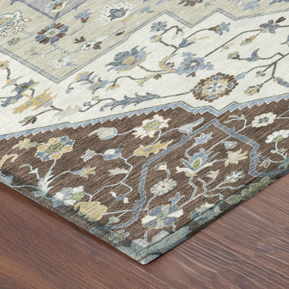 HomeRoots 8 Ft Round Floral Medallion Polyester Rug Washable Uv Resistant Indoor Outdoor 729421