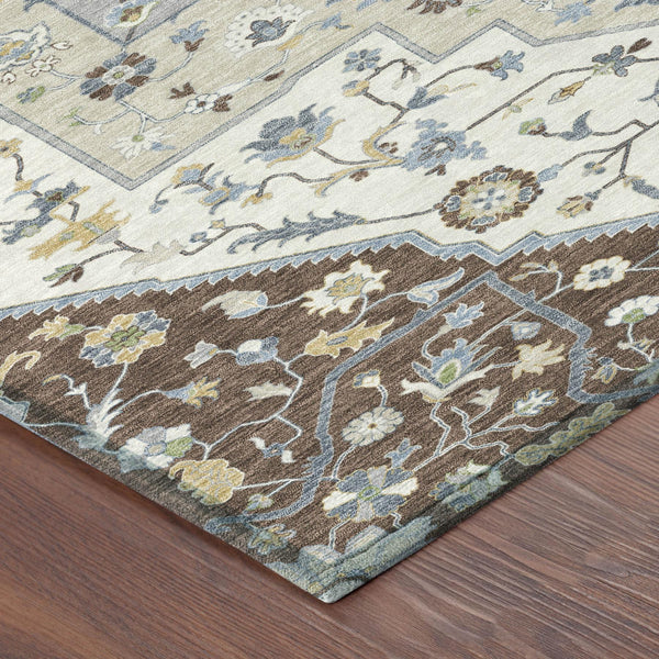 HomeRoots 8 Ft Round Floral Medallion Polyester Rug Washable Uv Resistant Indoor Outdoor 729421