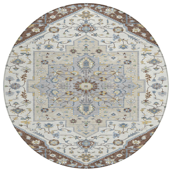 8 Ft Round Floral Medallion Polyester Rug Washable Uv Resistant Indoor Outdoor