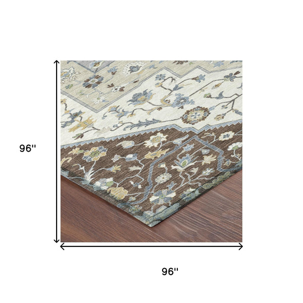 8 Ft Round Floral Medallion Polyester Rug Washable Uv Resistant Indoor Outdoor