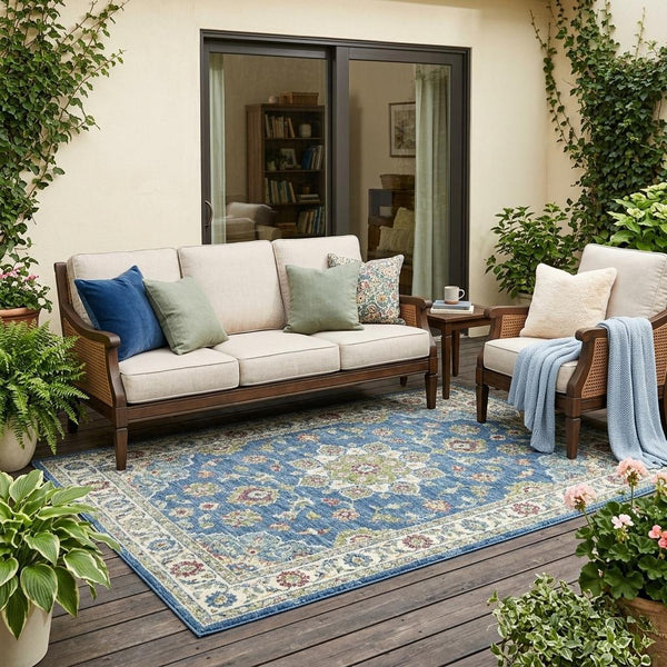 Floral Medallion Polyester Area Rug Washable Uv Resistant Durable Indoor Outdoor Patio Use