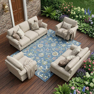 Floral Medallion Polyester Area Rug Washable Uv Resistant Durable Indoor Outdoor Patio Use