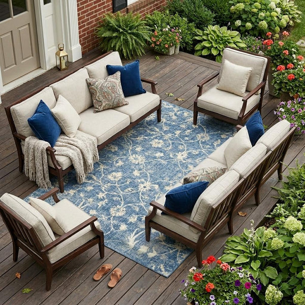 Floral Medallion Polyester Area Rug Washable Uv Resistant Durable Indoor Outdoor Patio Use