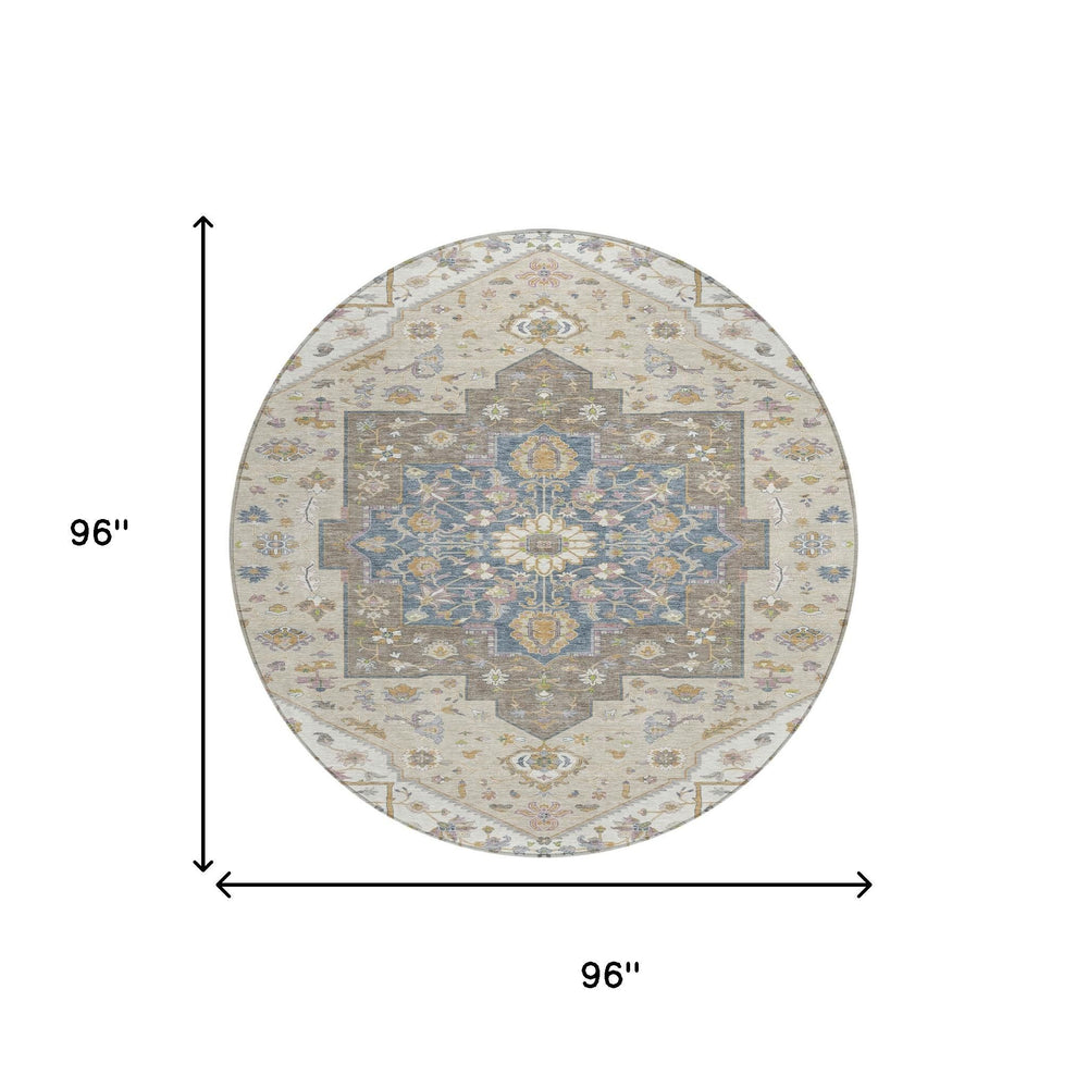 8 Foot Round Ivory Beige Floral Medallion Polyester Washable Indoor Outdoor Rug