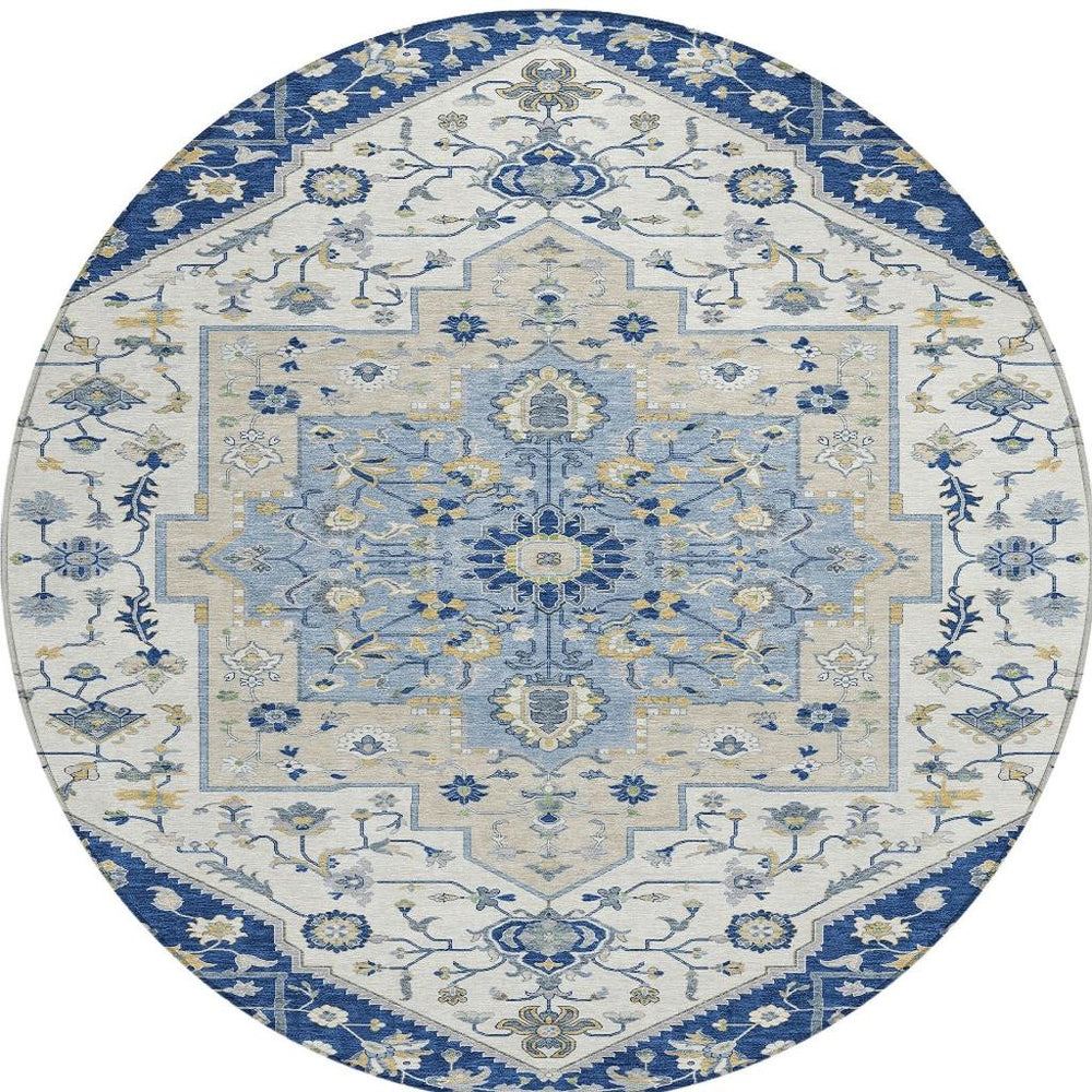 8 Foot Round Floral Medallion Rug Navy Ivory Washable Indoor Outdoor Polyester
